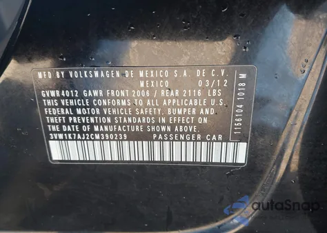 2012 Volkswagen Jetta 2.0L S from USA, damaged, VIN 3VW1K7AJ2CM390239